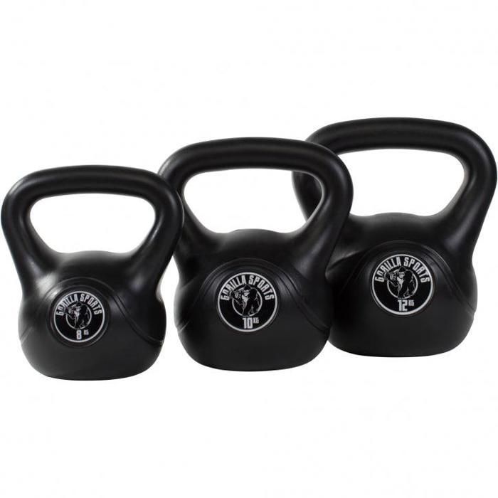 Lot de 3 Kettlebells noires (8, 10 et 12 KG) - haltères russes avec revêtement plastique