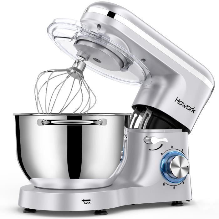 Howork Robot Pâtissier 1500W, 6 Vitesses Robot pétrin multifonction avec Bol 6,2L, Batteur, Fouet, Crochet, Robot de cuisine
