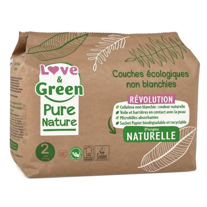 LOVE AND GREEN Couches hypoallergéniques Non blanchies Pure Nature - Certifiées Ecolabel T2 x 35 (3 à 6 kilos)