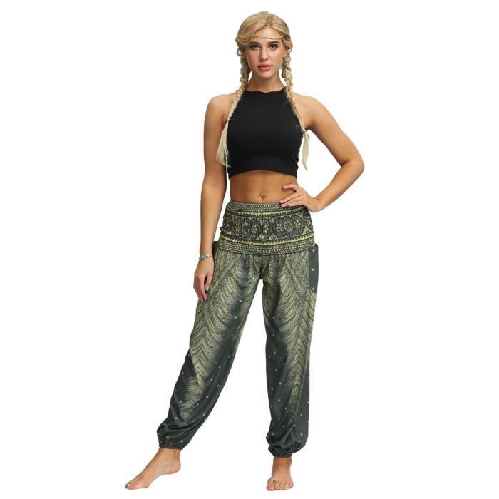Femme Harem Pantalon Yoga Sarouel Legers Hippie Baggy Léger Ethnique Calqué Smockée Taille Haute avec Poches Été Plage