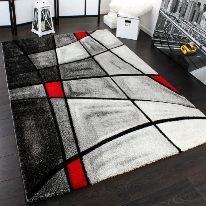Tapis Design Carreaux Moderne Fait Main Coupe Incorporée Gris Rouge