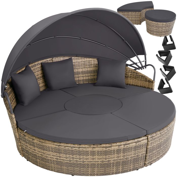 TECTAKE Lit de Jardin SANTORIN extérieur Modulable en Salon en Résine tressée + Pare Soleil réglable Marron Naturel