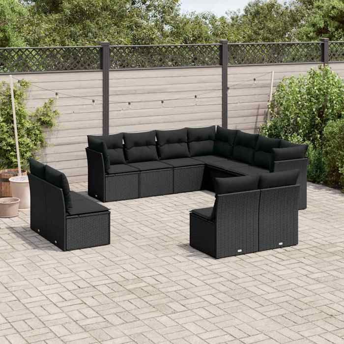 vidaXL Salon de jardin 11 pcs avec coussins noir résine tressée 3249654