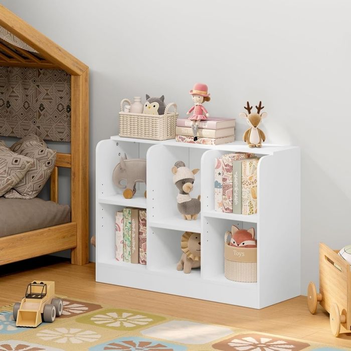 Bibliothèque Enfant - Meuble Étagère Enfant - 6 Compartiments- 83x30x60cm - Blanc