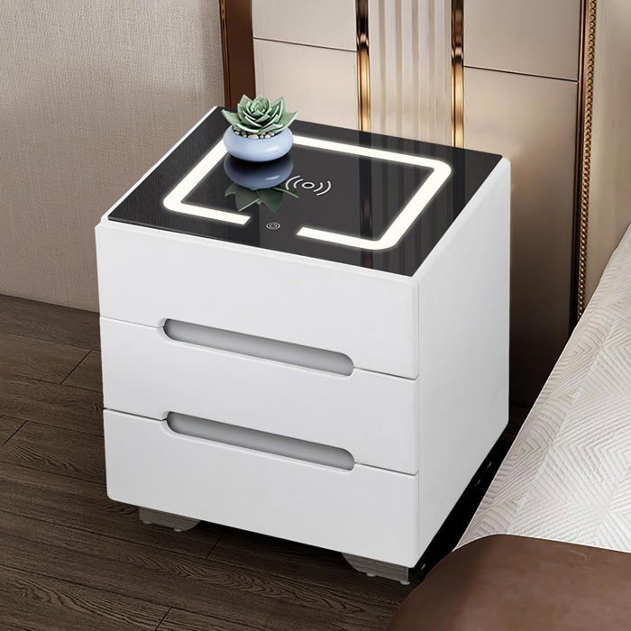 Set De 2 Tables De Chevet Avec LED Et Charge USB/Type-C – Tiroirs Coulissants, Plateau Pratique – Blanc Moderne Pour Chambre Ou Salon