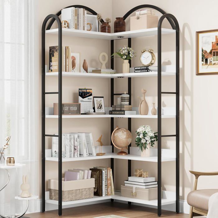 Bibliothèque D'angle 5 étagères - Rangement Salon, Bureau, Blanc, 179 Cm