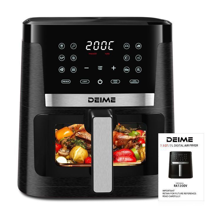 Friteuse à air sans huile - DEIME - Air fryer 7L - 12 programmes - 1800W - Écran Tactile LED - Fenêtre Transparente（Noir mat） - Deime