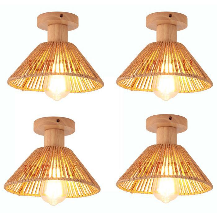 iDEGU 4pcs Plafonnier Rétro E27 Lampe de Plafond Abat-jour en Rotin et Bois Vintage Lustre Design Chapeau pour Couloir Salon