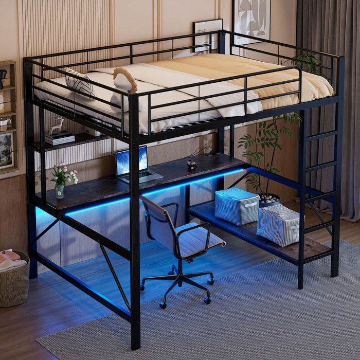 Lit mezzanine140x200avec LED Lit mezzanine enfant avec bureau Lit mezzanine adulte avec USB et prise électrique étagères métal Noir