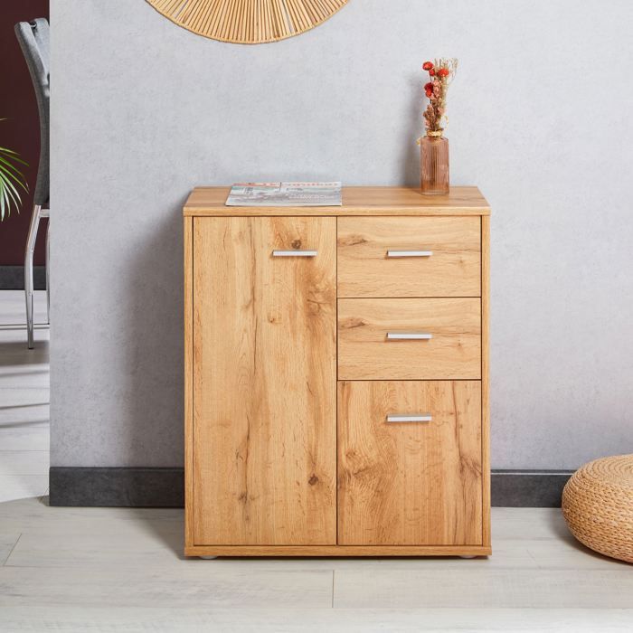 Buffet salle à manger REMY L 60 cm coloris chêne wotan avec 2 portes et 2 tiroirs bahut bas meuble de rangement style moderne