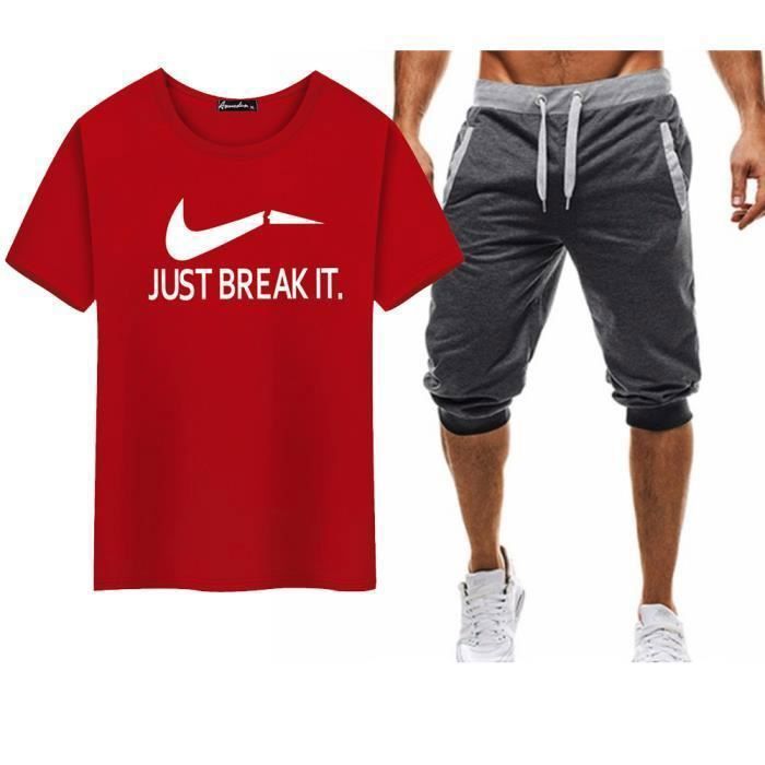 Ensemble de vêtement homme été casual t-shirt à manches courtes pantacourt short de sport set de 2 pièces Gris foncé/rouge#XS