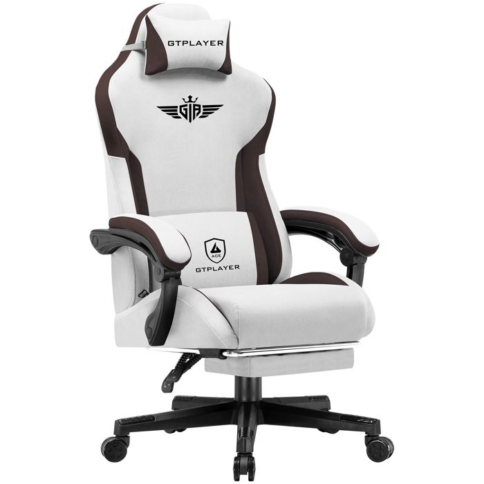 GTPLAYER Chaise de gaming ergonomique en tissu avec soutien lombaireChaise PC avec dossier élargiMarron