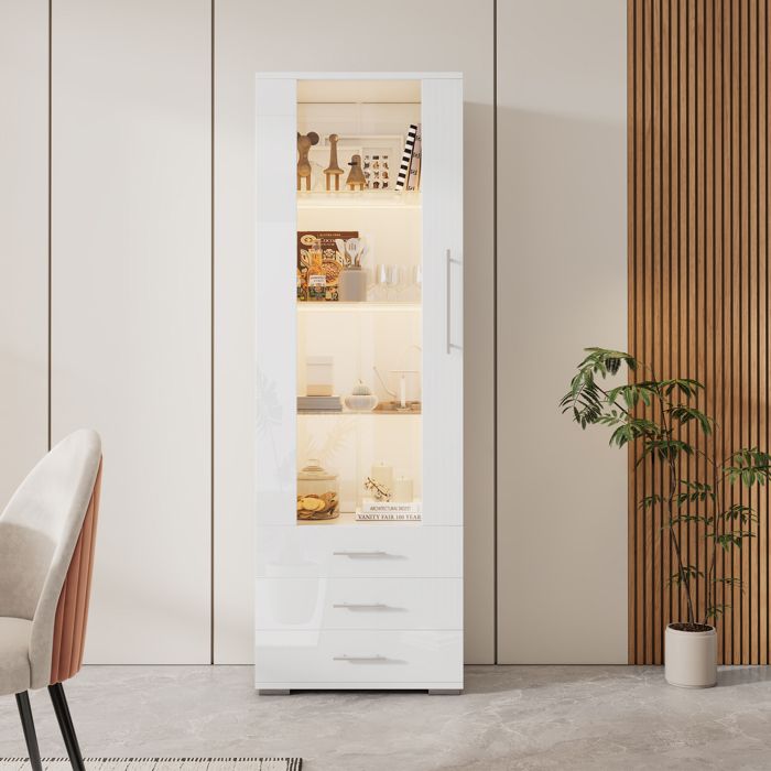 Vitrine Blanche LED Meuble Haut Brillant avec 3 Tiroirs Porte Acrylique et Étagères en Verre Trempé 60 x 35 x 180 cm Vitrine Blanche LED Meuble Haut Brillant avec 3 Tiroirs Porte Acrylique et Étagères en Verre Trempé 60 x 35 x 180 cm