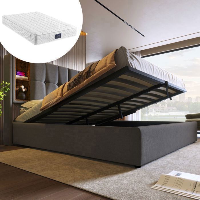 Lit Coffre - SOGEU - 160x200 - Matelas 7 zones inclus - Charge sans fil USB/Type-C - Tissu gris rembourré