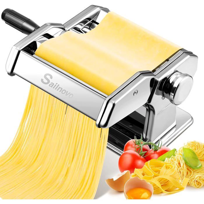 Ghazpmuk Machine à Pâtes Manuelle 6 Épaisseurs - Laminoir Acier Inoxydable Avec 2 Cutters Spaghetti