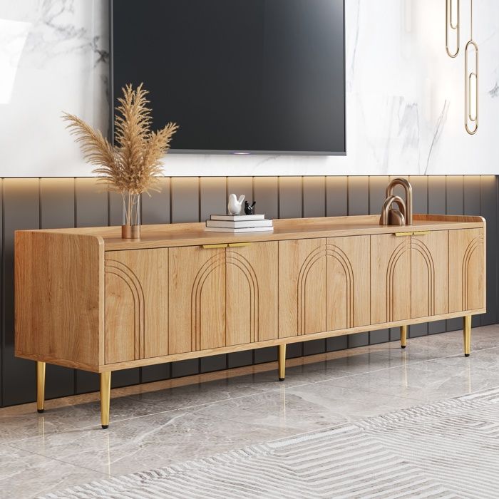 Meuble TV design avec porte texturée et pieds - poignées dorés - Structure moderne pour salon élégant