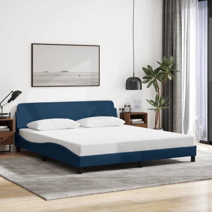 Structure de lit avec tête de lit - UU - Dover - Bleu - 180x200 cm - Tissu polyester - Pieds robustes
