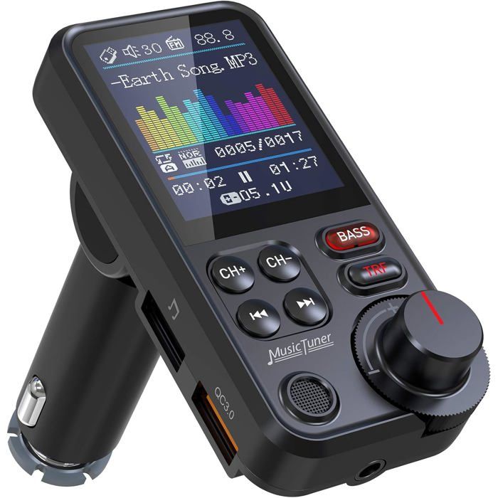 Émetteur FM Bluetooth pour voiture adaptateur Bluetooth allume- écran couleur 18 pour appels mains libres - KM30