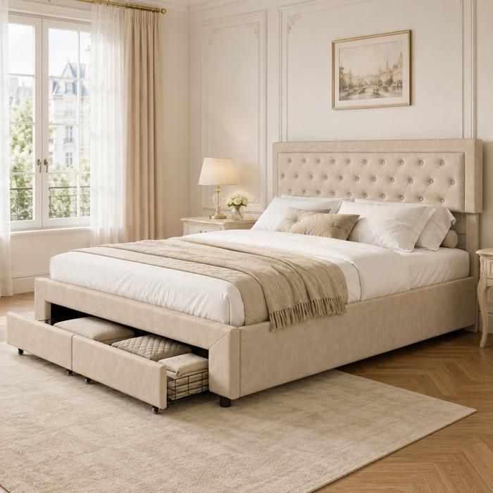 Lit Coffre 160x200 cm avec Sommier à Lattes – Lit Double Adulte Rembourré en Velours - Lit 160x200 cm Beige Lit Coffre 160x200 cm avec Sommier à Lattes – Lit Double Adulte Rembourré en Velours - Lit 160x200 cm Beige