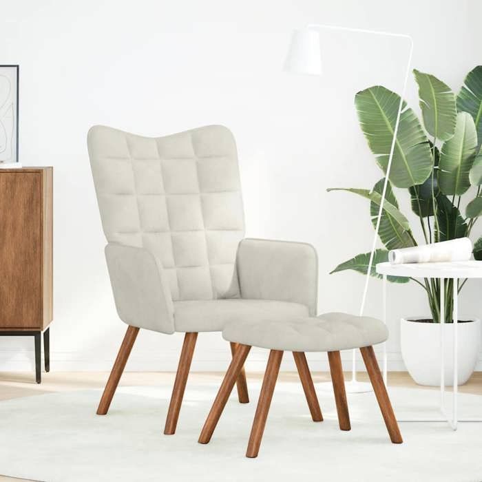 Les Soldes Fauteuil de Salon Scandinave (1 PLACE) - CLOUD - Chaise de Détente - avec tabouret en velours crème J6298