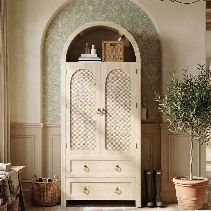 Sideboard - 180x80cm - Arche Vintage - Porte en Rotin - 2 Tiroirs - Crochet Latéral - MDF Chêne