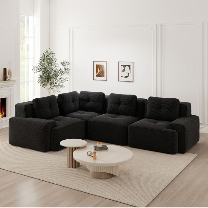 Canapé d’angle modulable noir 2 à 4 places profondeur d’assise 74 cm sans montage velours côtelé