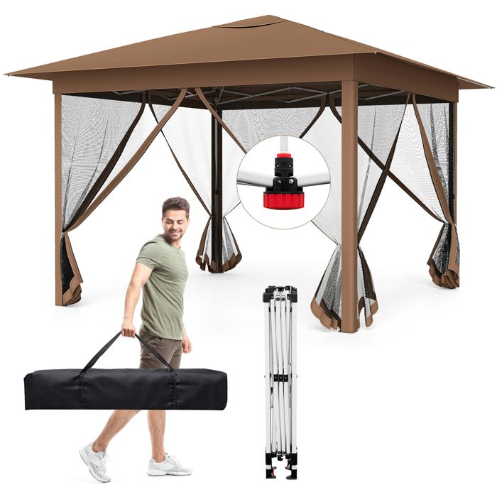 Tonnelle de Jardin Pliable 3x3m - Moustiquaire Cadre en Acier Tente de Reception Imperméable UV 50+ pour Camping Fêtes Marron