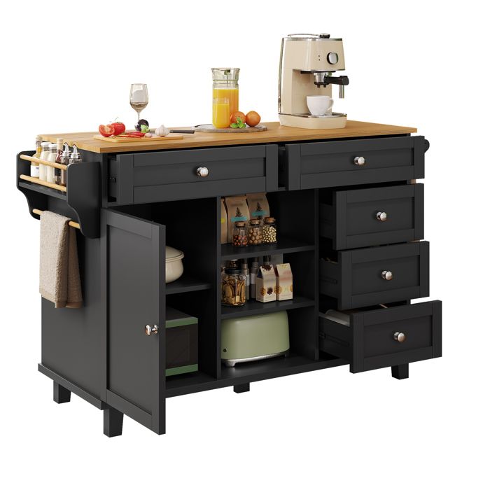 Îlot de cuisine - 134 x 46 x 92 cm - 5 tiroirs et portes - Mobile/Fixe 2-en-1 - MDF aspect bois noir