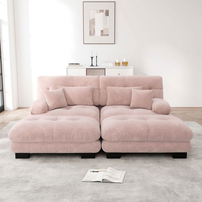 Canapé modulable 220x145x81cm Tissu Chenille Rose 2 Places avec 2 Ottomans et 4 Coussins Assise Nuage Ultra Confort Salon