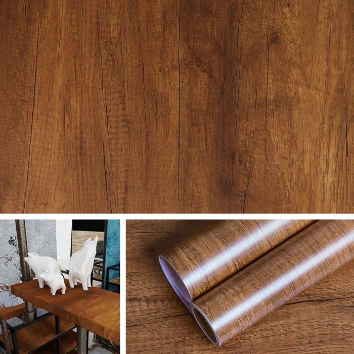 Papier Adhésif pour Meuble Bois Marron Papier Peint Bois Marron pour Cuisine Salon Bureau Chambre Table Étagère Papier Vinyle 0.4*2M