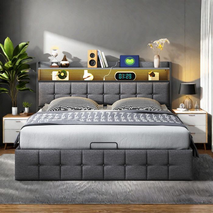 Lit double 140 x 190 cm avec espace de rangement hydraulique éclairage LED multicolore et USB avec sommier à lattes sans matelas