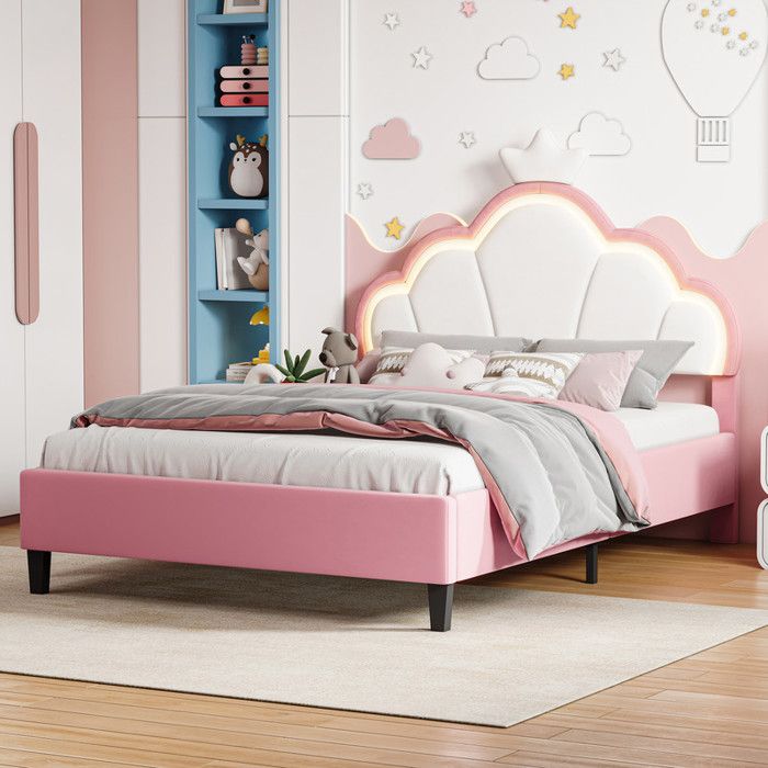 Lit enfant 140 x 190 avec LED et sommier lit fille avec décor couronne joli lit princesseLit 140x190 cadre de lit rose+blanc