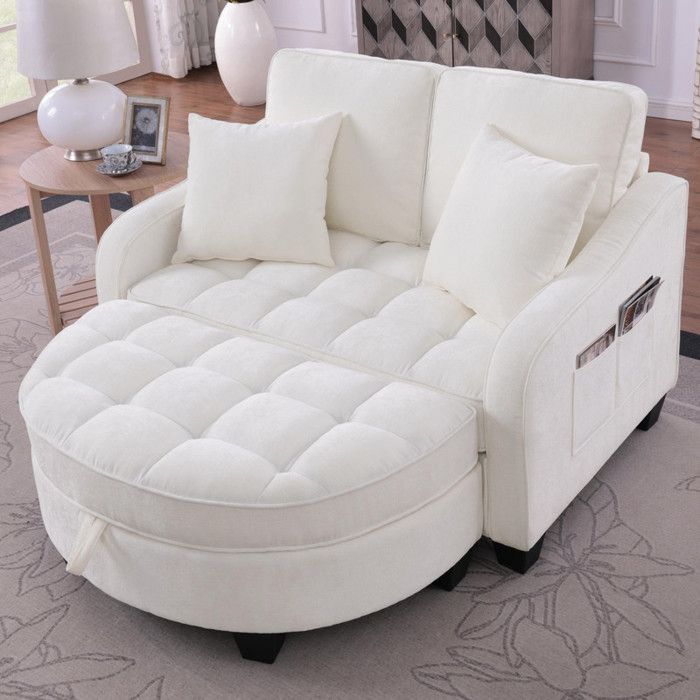 HOMVRA Canapé convertible 132×129×93 cm avec pouf de rangement poches latérales et dossier réglable - Chenille Beige