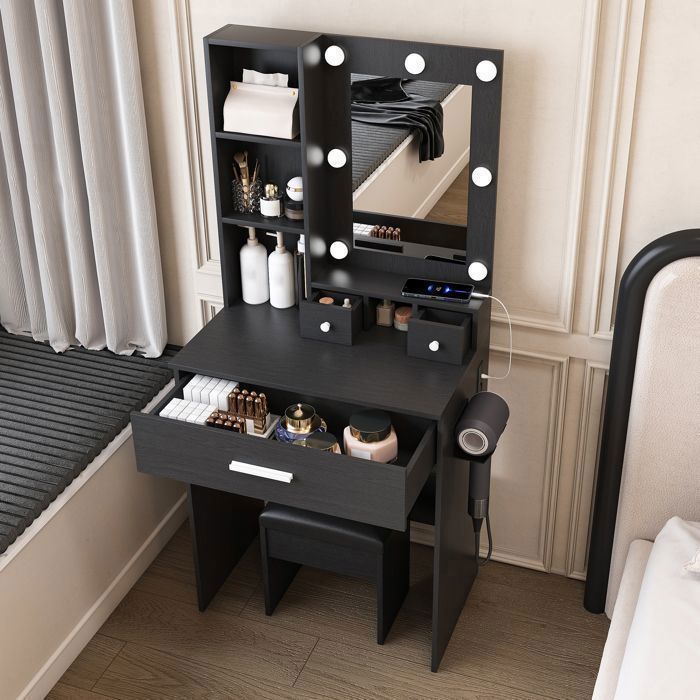 LINHOO Coiffeuse Compacte avec Miroir LED Prise Support Sèche-cheveux 3 Tiroirs et Tabouret Noir