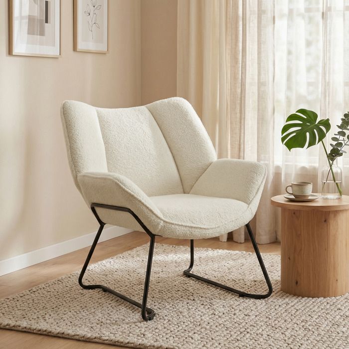 Fauteuil d’appoint - Moderne - Sherpa blanc - Dossier large 70 cm - Pieds acier noir