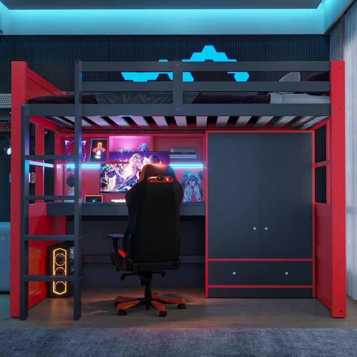 Lit mezzanine lit enfant 90 x 200 cm avec échelle table armoire et tiroirs lit simple style gamer rouge et noir