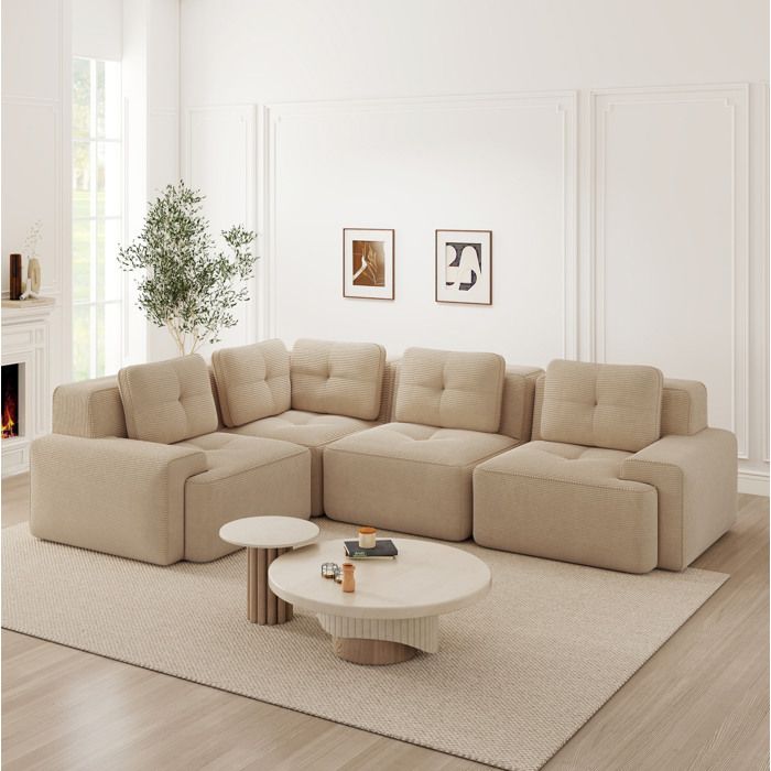 WOVREO Canape d angle modulable 4 places beige en corduroy sans montage assise profonde et accoudoirs larges