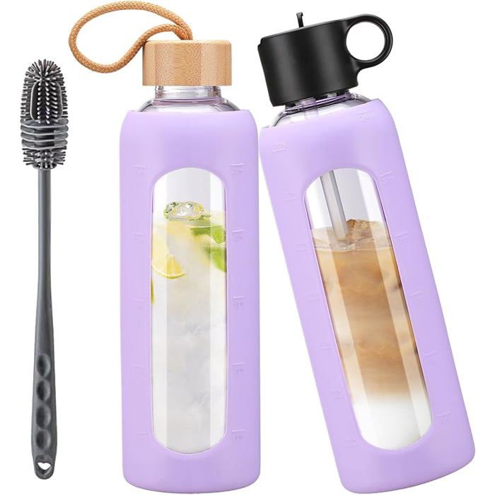750ml Gourde en Verre Avec Paille et 2 CouvercleBouteille eau Motivation Graduée Pour 1 Journee 700 ml Violet