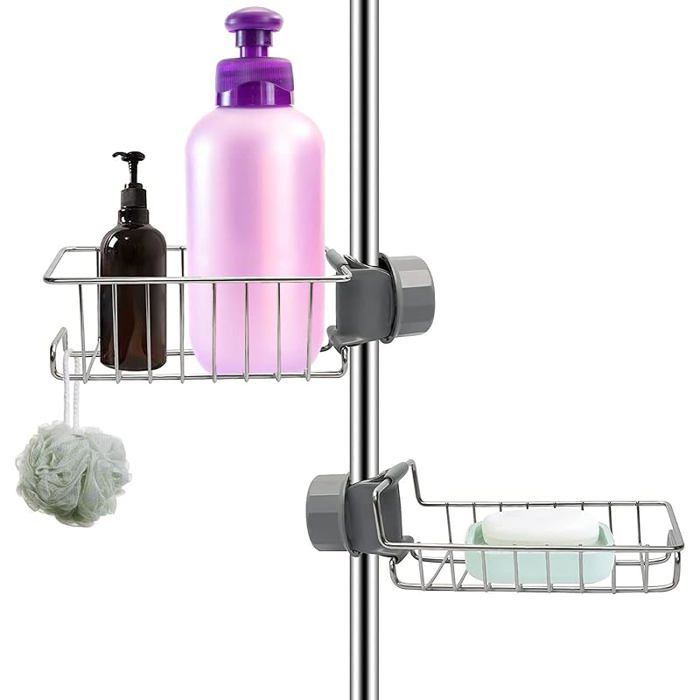 Support Douche Sans Percage Inox 2 Etageres Salle de Bain Chrome Porte Savon Shampoing Gel Douche Pour Barre 18 25mm