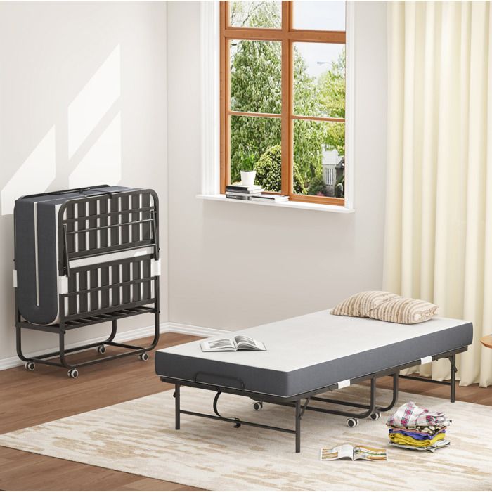 VUENOR Lit pliant 90x190 cm noir – roulettes structure métallique avec matelas