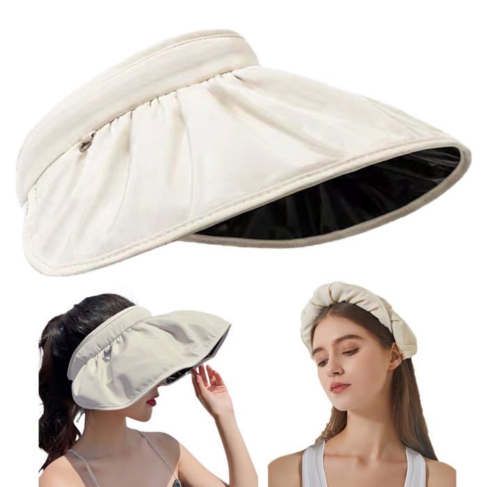 Visière Pliable 2 en 1 Casquette Serre-Tête Anti-UV Beige pour Sport Plein Air Aucunely