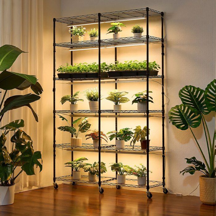 Support Plantes Intérieur avec Lampe Croissance - Étagère 6 Niveaux Double Rangée Roulettes Meuble Présentoir pour Pots de Fleurs