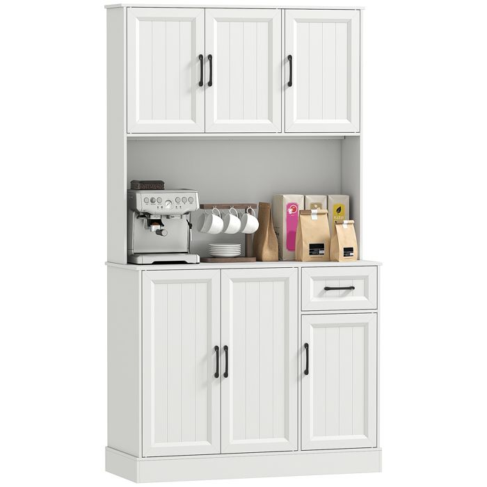 Buffet haut cuisine - HOMCOM - 6 portes 1 tiroir 1 compartiment ouvert étagères réglables - bois - 100 x 39 5 x 180 5 cm - blanc Buffet haut cuisine - HOMCOM - 6 portes 1 tiroir 1 compartiment ouvert étagères réglables - bois - 100 x 39 5 x 180 5 cm - blanc