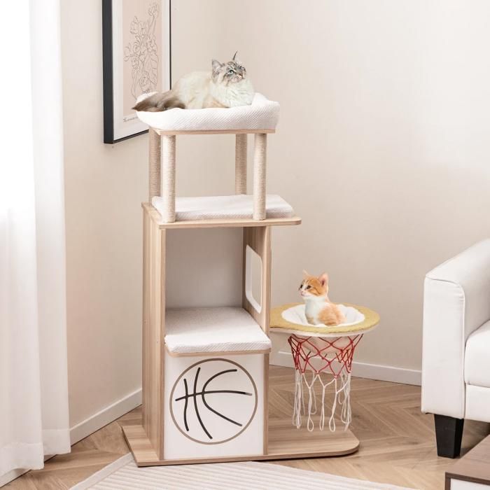 Arbre à chat en bois 2 étages avec panier de basket hamac griffoirs jute coussins lavables 120cm pour chats