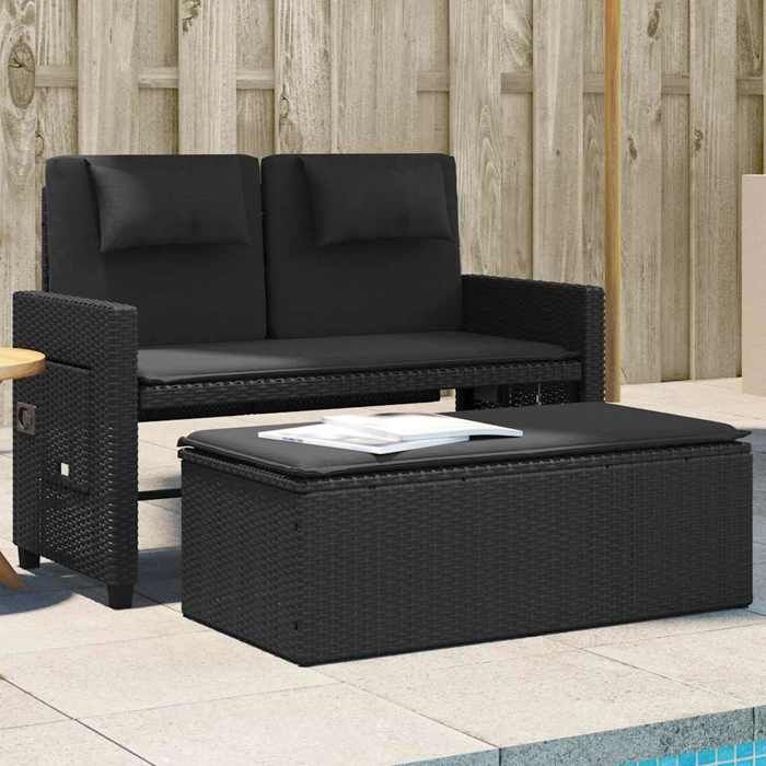 Noir Banc inclinable de jardin avec coussins noir résine tressée - Siège de balcon LV64638