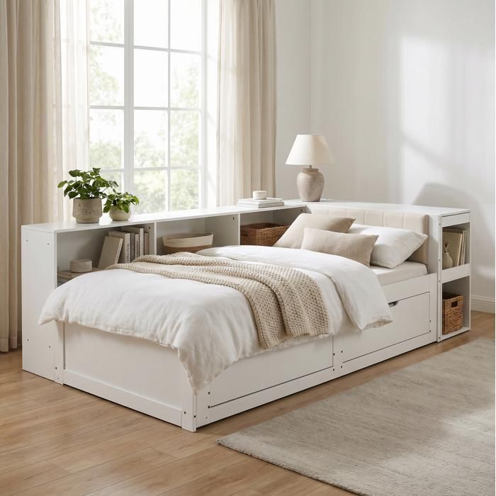 Lit extensible 90x200 cm AESVAR avec bureau intégré rangements prises EU sommier à lattes blanc mat