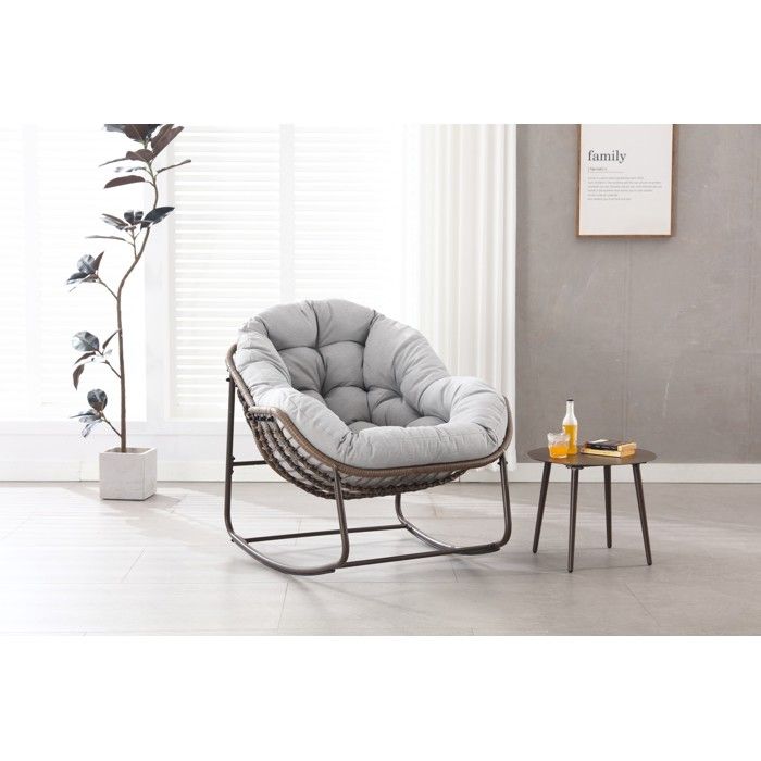 VUENOR Fauteuil de jardin balançoire 106x90 cm gris – rotin tressé coussin épais