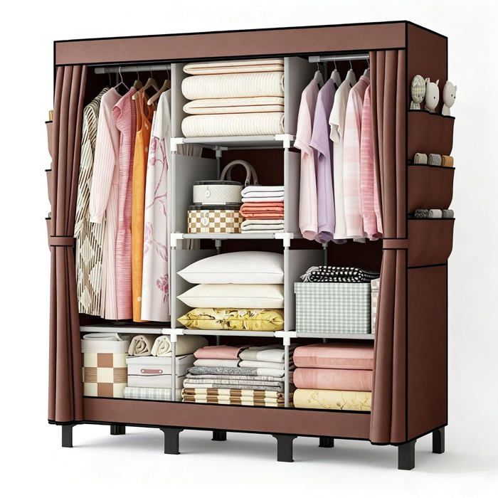 Armoire dressing portable 130 x 45 x 172 cm - 2 zones 2 tringles 6 étagères et 18 poches - tissu non tissé cadre PP - café