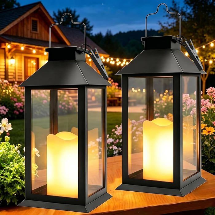 Lanterne solaire extérieur lot de 2 - lampe à poser LED bougie vacillante 600 mAh NiMH étanche IP44 ABS