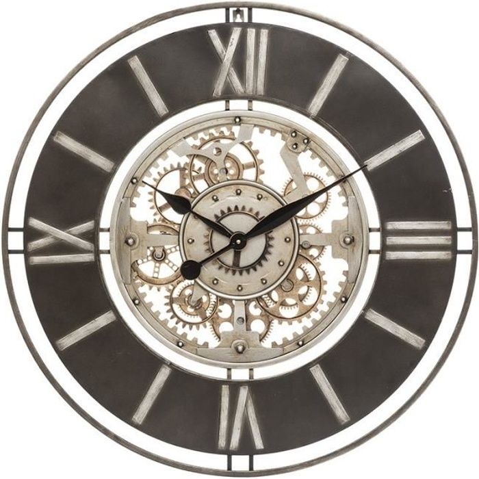 Horloge ronde 80 cm avec engrenage et fond en bois